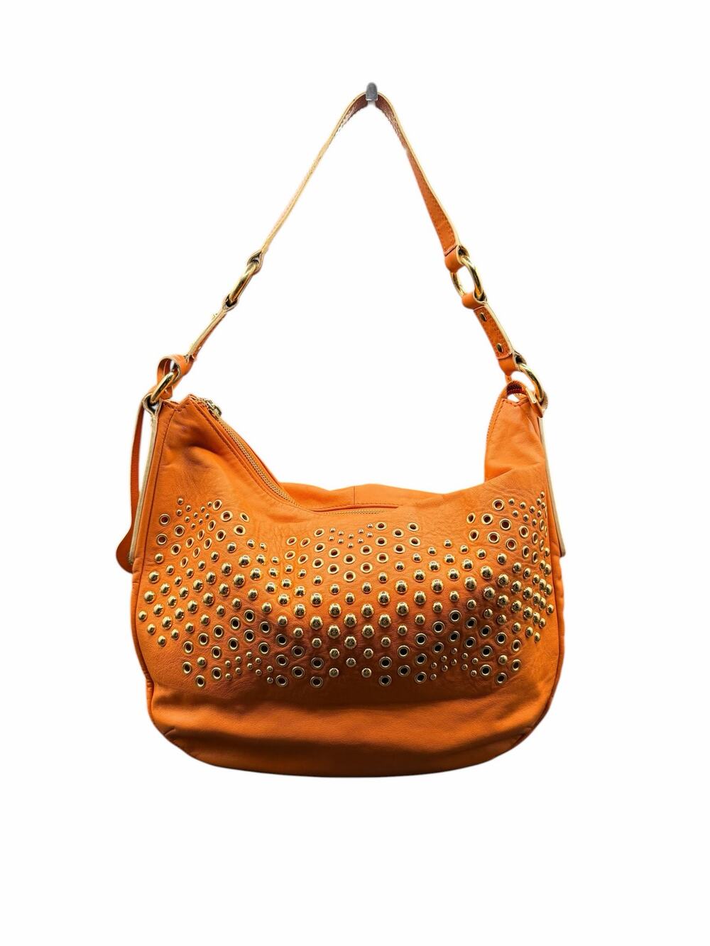 Via Spiga Orange Leather Studded Hobo Shoulder Bag Boho Gold Studs